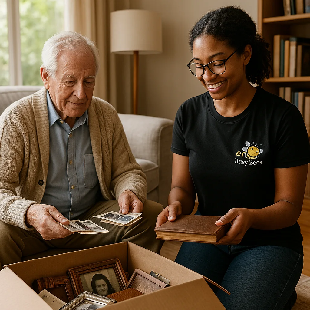 estate cleanout services organizer sorting keepsakes with senior