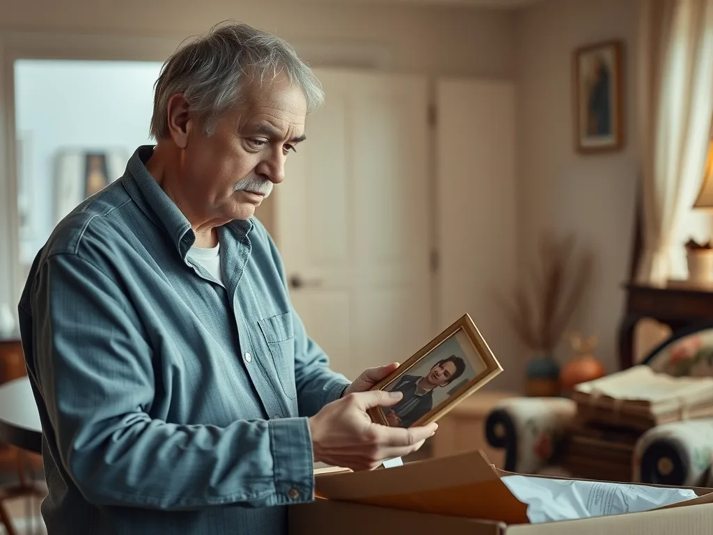 middle aged son going through fathers belonging after he passed awa