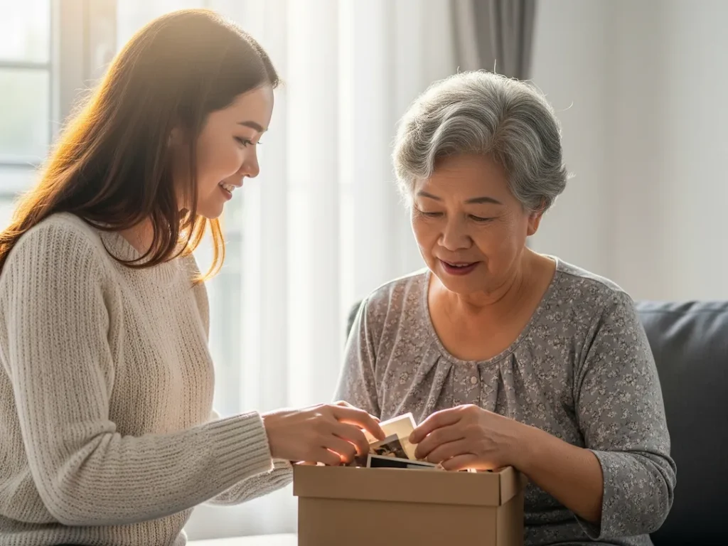 mother daughter reminiscing as they pack box with photos