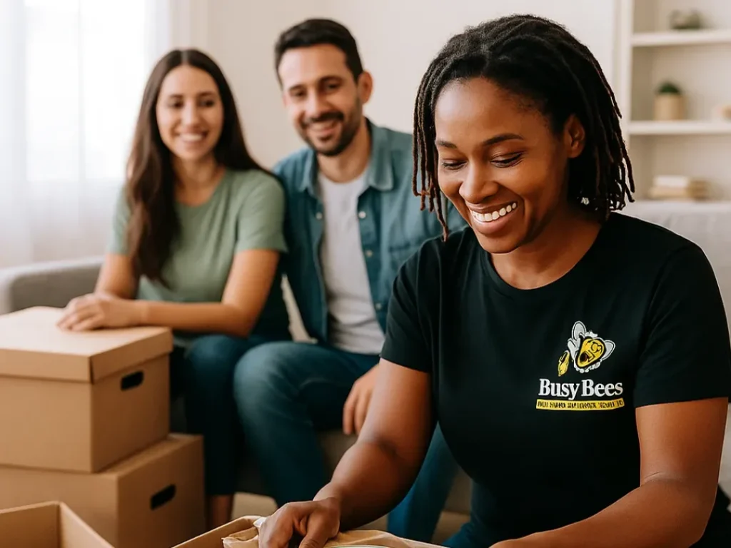 move in organization services busy bees unpacking plate with clients smiling for slider
