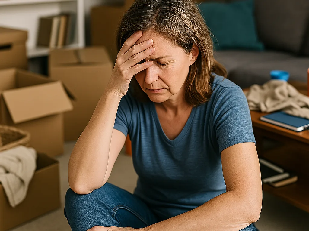 overwhelmed woman sitting in cluttered room estate cleanout emotional fatigue