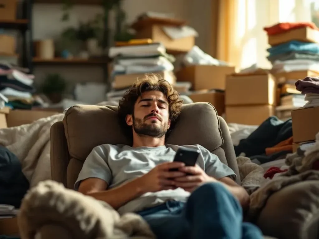 person in recliner clutter forming behind him