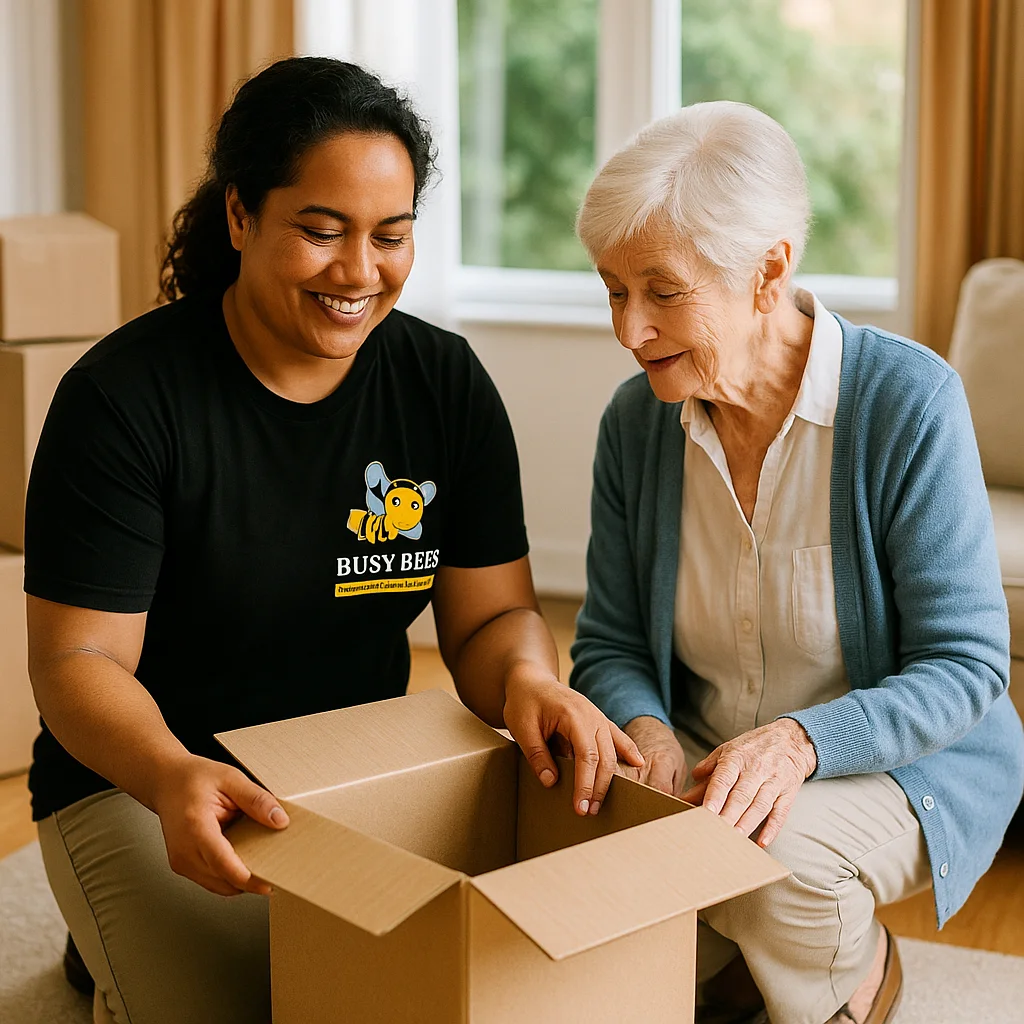 senior move management busy bees employee helping elderly woman pack