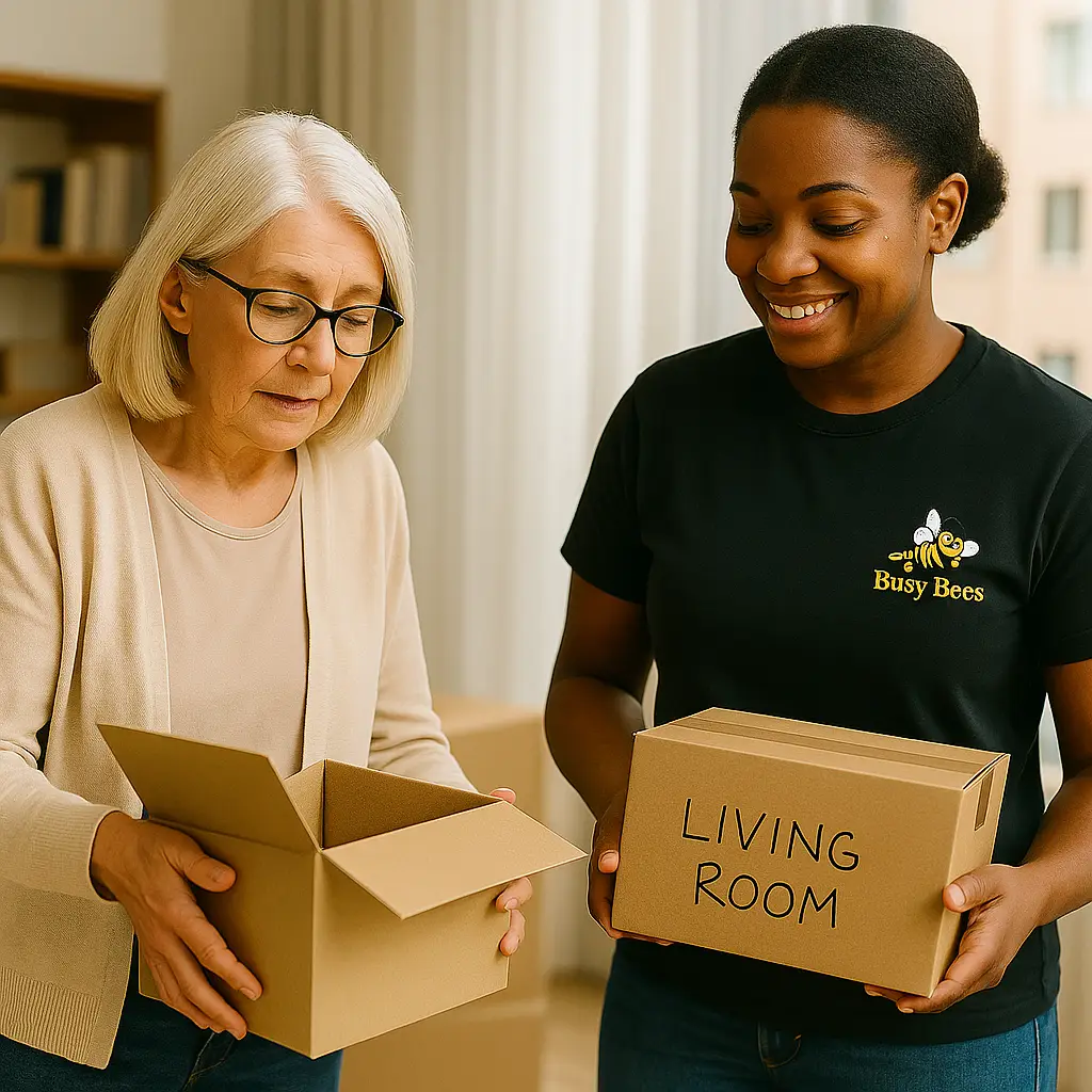 white elderly woman black busy bees worker moving boxes