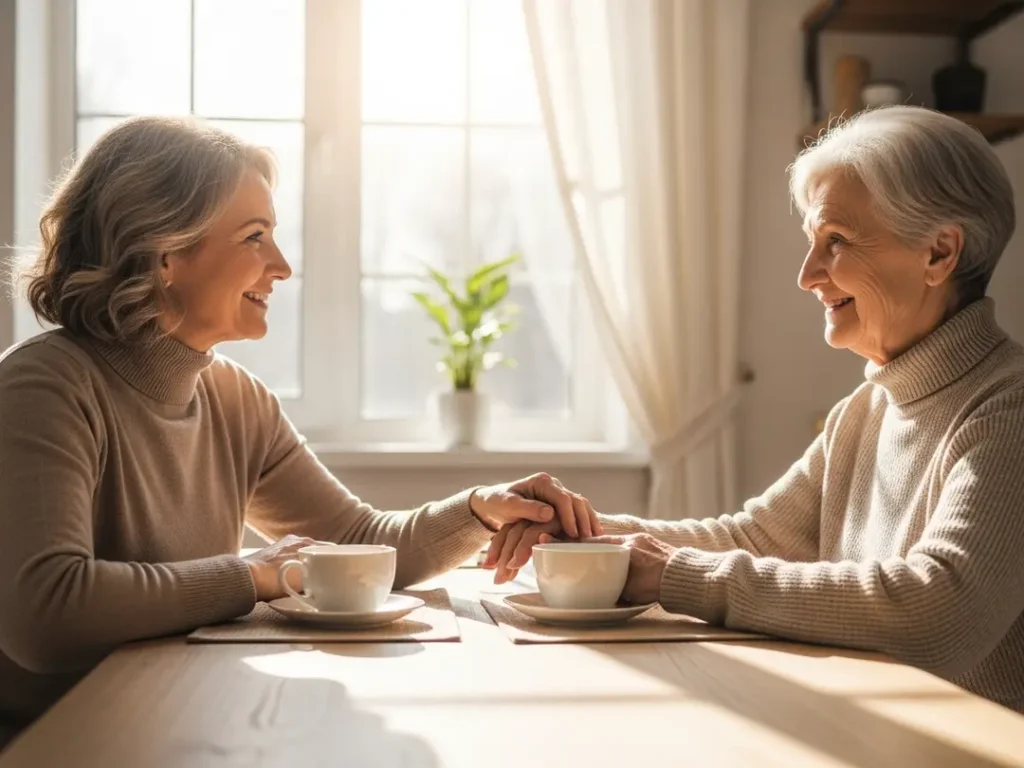 elderly parents talking about downsizing with adult daughter at home scottsdale