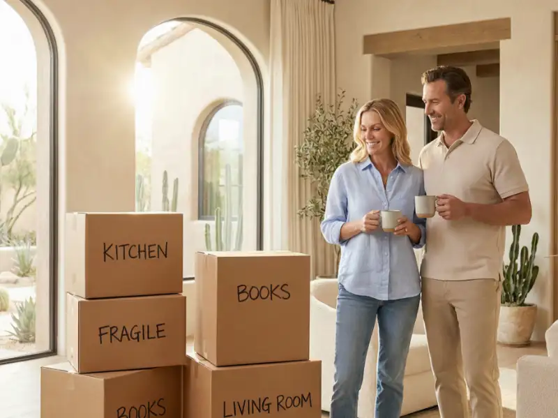 happy couple moving into new phoenix home with boxes