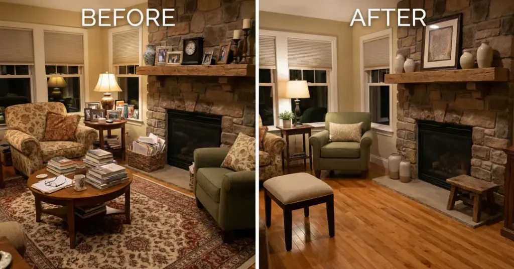 living room decluttering before after stone fireplace