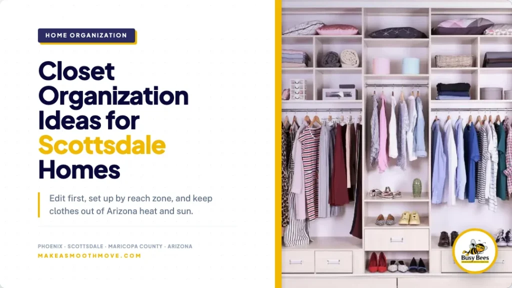 Closet organization ideas for Scottsdale homes: an organized closet with shelves and hanging clothes