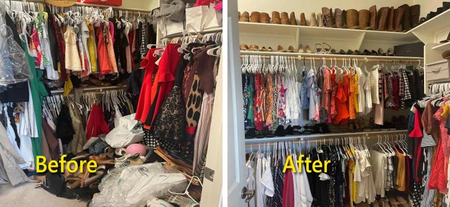 Side-by-side before and after of a walk-in closet: piles of clothes, shoes and bags on the floor, then the same closet with clothing hung by type and shoes lined up on shelves.