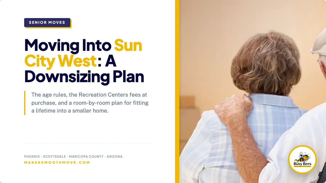 Moving Into Sun City West: A Downsizing Plan featured image with a retired couple looking at moving boxes